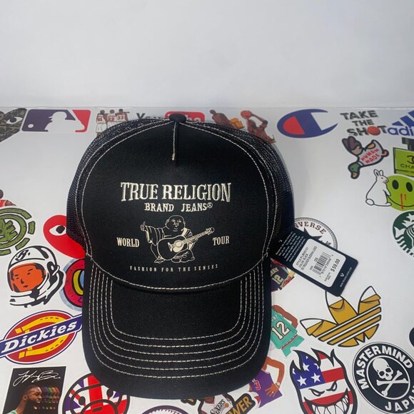 NWT TRUE RELIGION Black Buddha Logo Snapback Trucker Cap hat OSFM - Picture 2 of 11